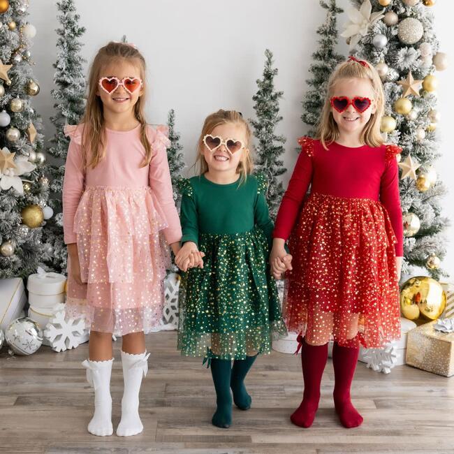 Emerald Shimmer Christmas Long Sleeve Tutu Dress, Green - Dresses - 3