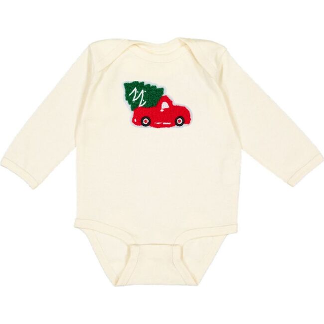 Christmas Truck Patch Long Sleeve Bodysuit, Natural - Onesies - 1