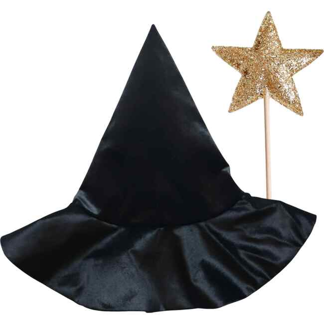 Witch Hat and Wand Set, Black Gold