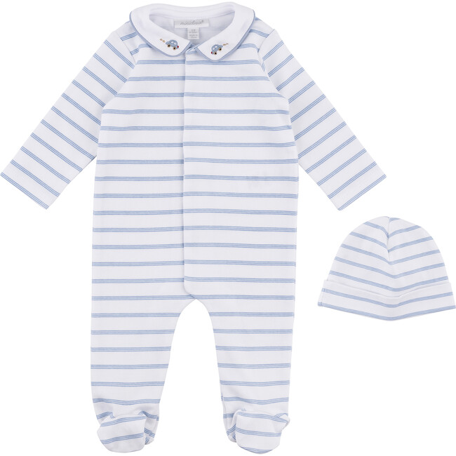 Stripe Footed Coverall & Hat Set, Blue - Footie Pajamas - 1