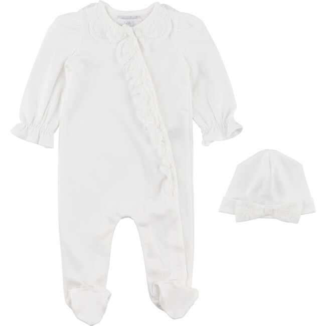 Lace Footed Coverall & Hat Set, Cream