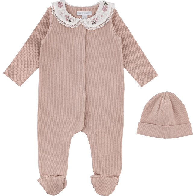 Rib Footed Coverall & Hat Set, Pink