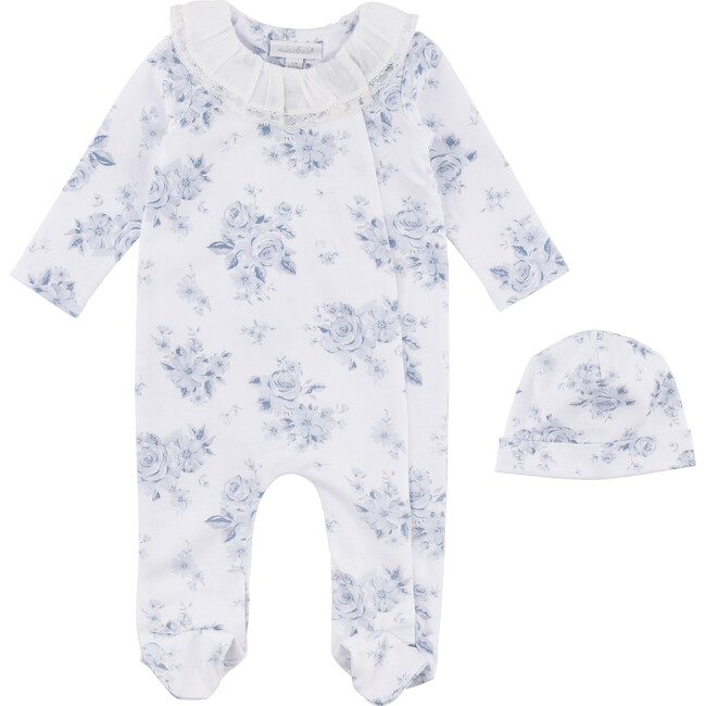 Floral Footed Coverall & Hat Set, Blue