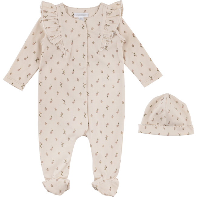 Floral Footed Coverall & Hat Set, Tan