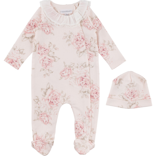 Floral Footed Coverall & Hat Set, Pink