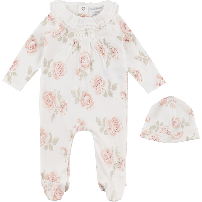 Floral Footed Coverall & Hat Set, Cream