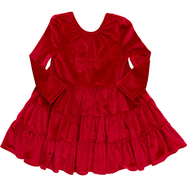 Girls Velour Pearl Dress , Red