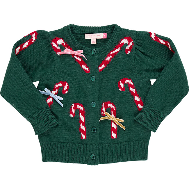 Girls Constance Sweater , Green Candy Cane Bows