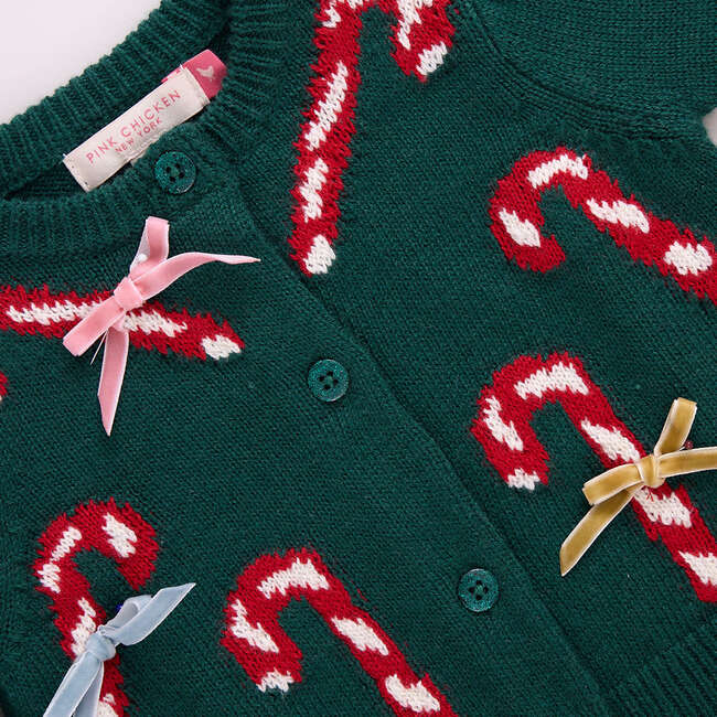 Girls Constance Sweater , Green Candy Cane Bows - Sweaters - 3