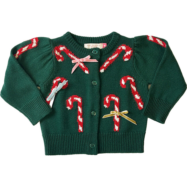 Baby Girls Constance Sweater , Green Candy Cane Bows - Sweaters - 1