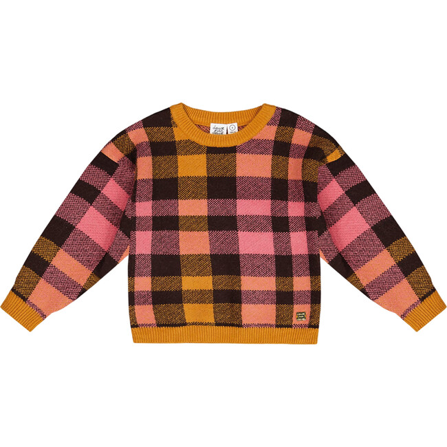 Knit Plaid Long Sleeve Piped Sweater, Magenta & Brown