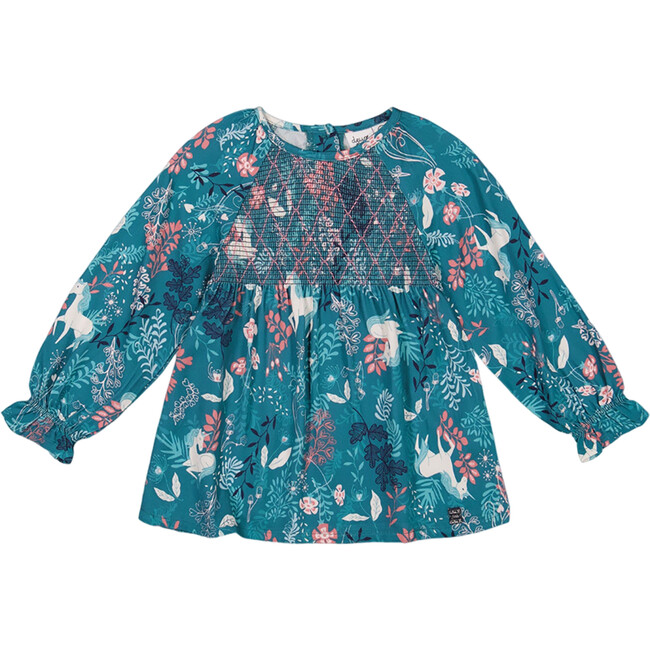 Fairy Unicorn Print Long Sleeve Viscose Blouse, Turquoise