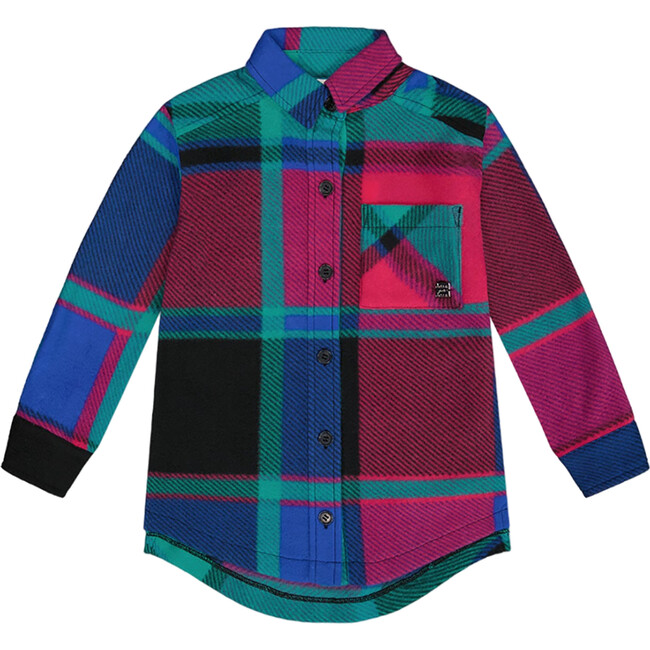 Button Down Polar Fleece Tunic Shirt, Plaid Turquoise & Pink - Jackets - 1