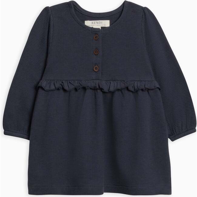 Nina Waffle Knit Ruffle Waist Dress, Navy - Dresses - 1