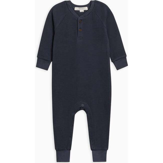 Crosby Waffle Knit Henley Romper, Navy - Rompers - 1