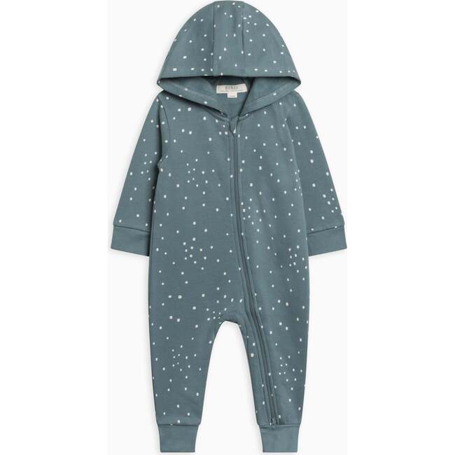 Greer Fleece Hooded Zipper Romper, Square Dot / Teal