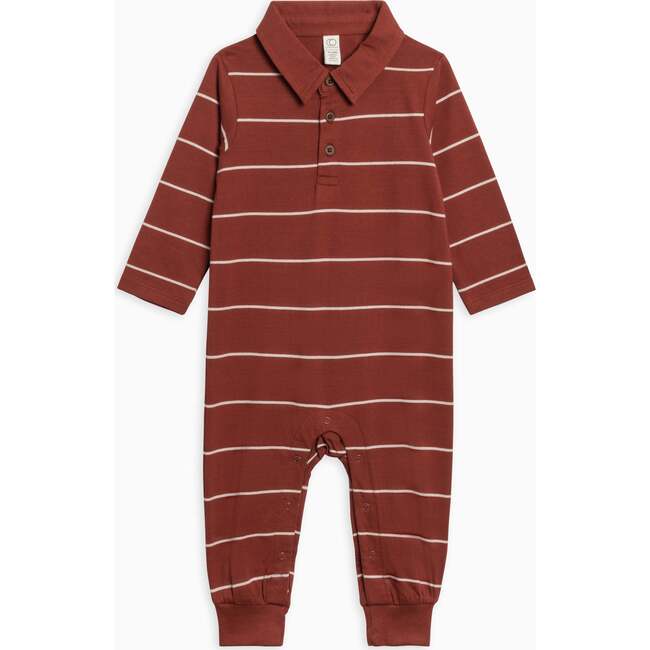 Fritz Long Sleeve Collared Romper, Hunter Stripe / Garnet