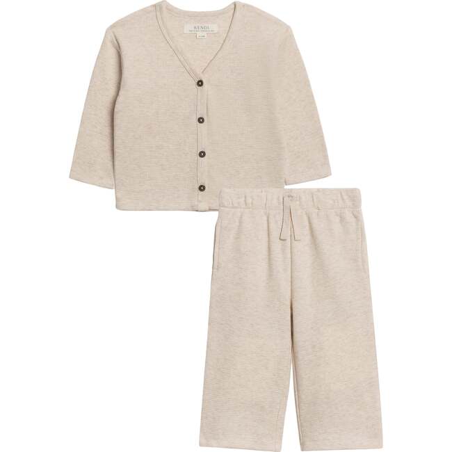 Organic 2-Piece Waffle Cardigan and Pant Set, Heather Oat - Mixed Apparel Set - 1