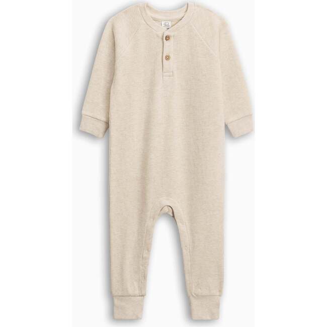 Crosby Waffle Knit Henley Romper, Heather Oat - Rompers - 1