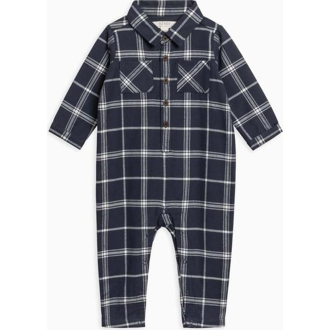 Locke Flannel Collar Romper, Navy Plaid