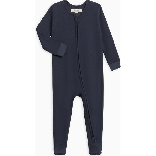 Kit Ribbed Zipper Footie, Navy - Footie Pajamas - 1