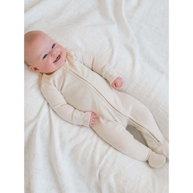 Kit Ribbed Zipper Footie, Ivory - Footie Pajamas - 3