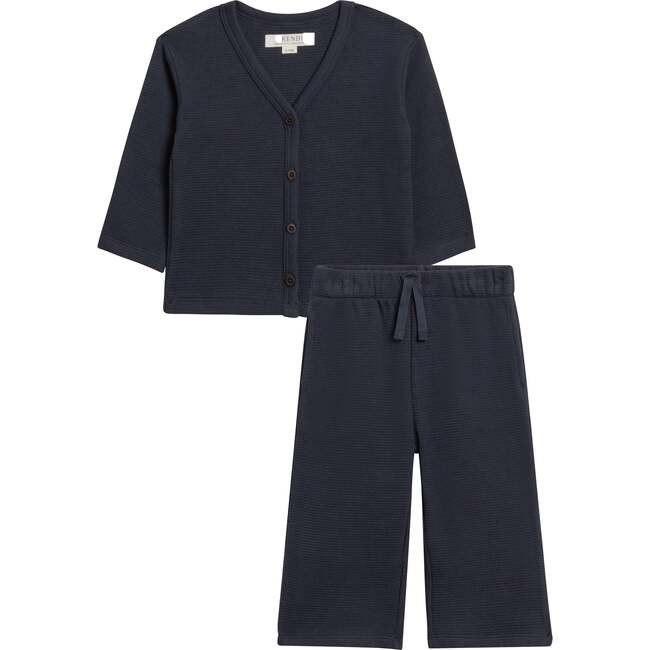 Organic 2-Piece Waffle Cardigan and Pant Set, Navy