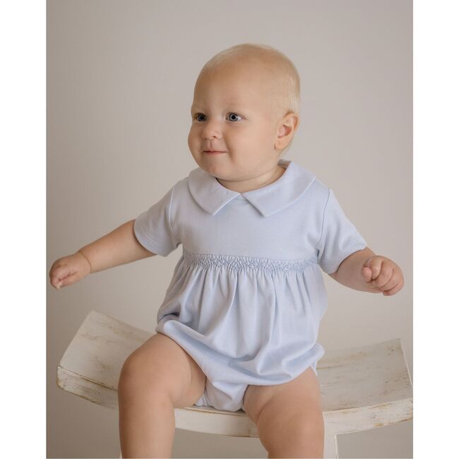 Smocked Bubble Romper, Light Blue - Rompers - 2