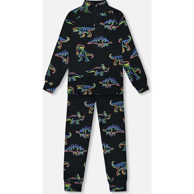 Two Piece Thermal Underwear Set, Black Printed Neon Dino