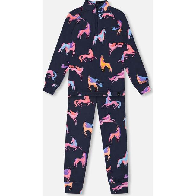 Two Piece Thermal Underwear, Navy Printed Unicorn - Loungewear - 1