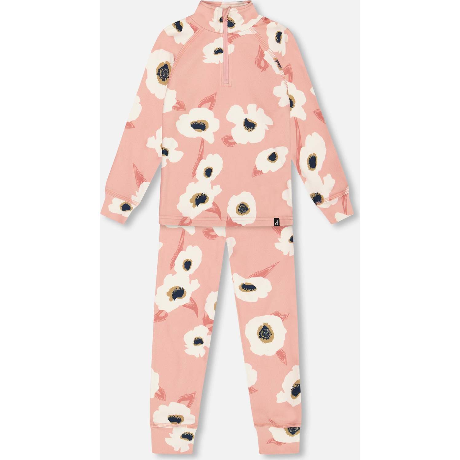 Two Piece Thermal Underwear, Pink Printed Off White Flowers - Loungewear - 1