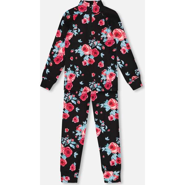 Two Piece Thermal Underwear, Black Printed Roses