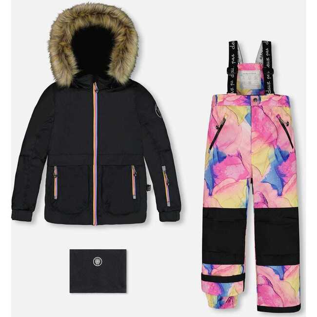 Two Piece Snowsuit, Black And Printed Multicolor