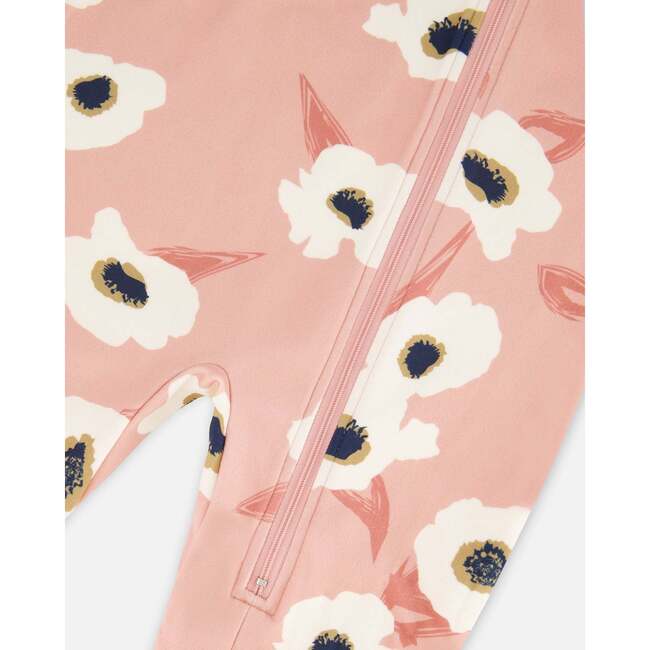 One Piece Thermal Underwear, Pink Printed Off White Flowers - Loungewear - 3