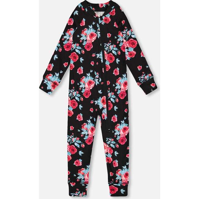 One Piece Thermal Underwear, Black Printed Roses