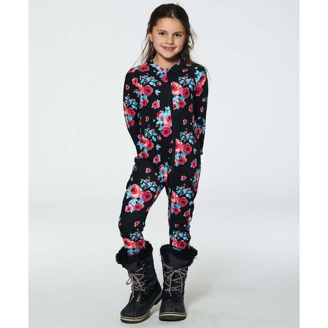 One Piece Thermal Underwear, Black Printed Roses - Loungewear - 2