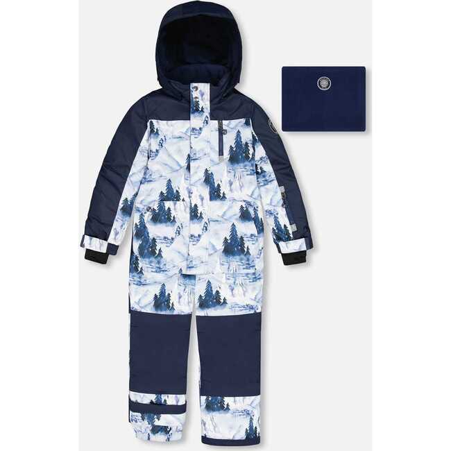 One Piece Snowsuit, Navy Blue Watercolor Pine Print