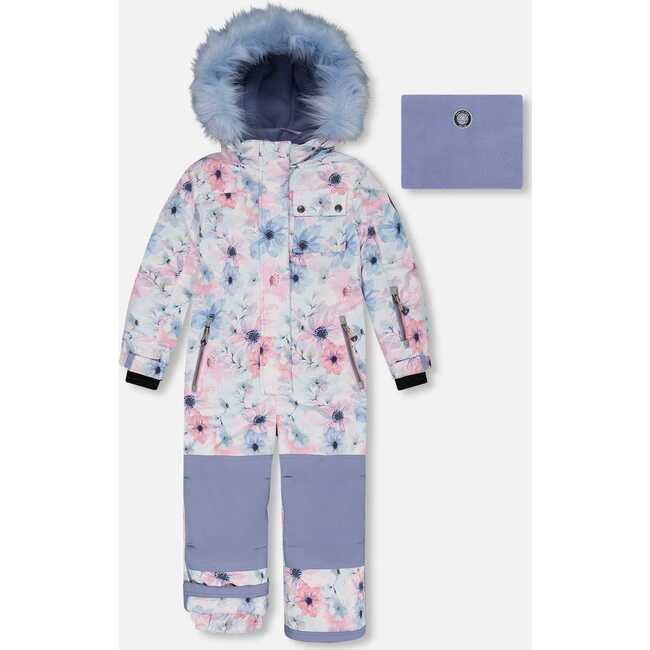 One Piece Snowsuit, Printed Watercolor Blue Flowers