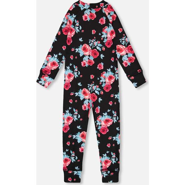 One Piece Thermal Underwear, Black Printed Roses - Loungewear - 3