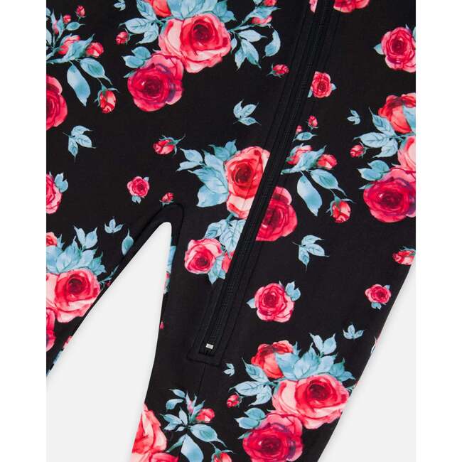 One Piece Thermal Underwear, Black Printed Roses - Loungewear - 4