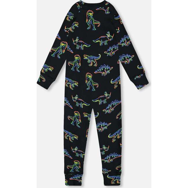 One Piece Thermal Underwear, Black Printed Neon Dino - Loungewear - 3