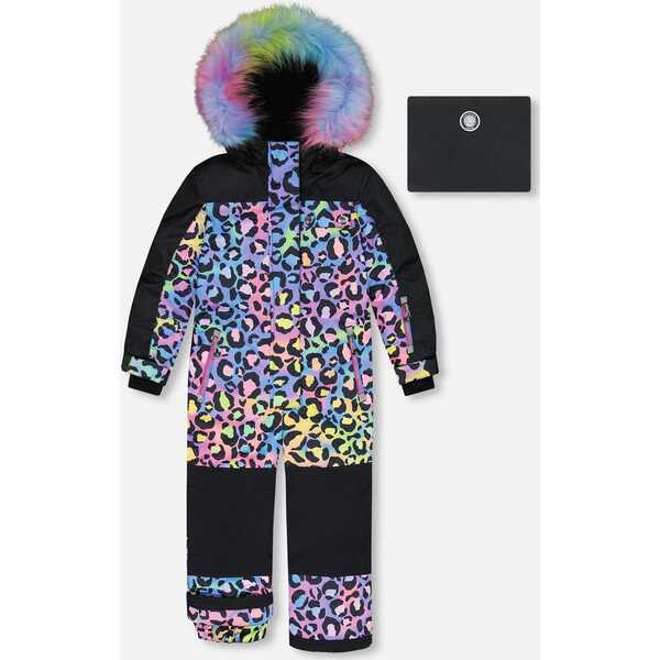 One Piece Snowsuit, Black Printed Rainbow Leopard Deux par Deux