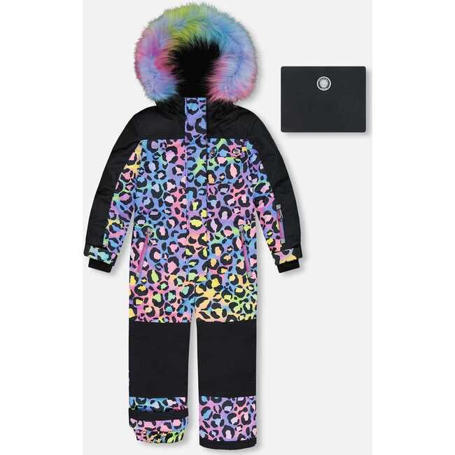 One Piece Snowsuit, Black Printed Rainbow Leopard