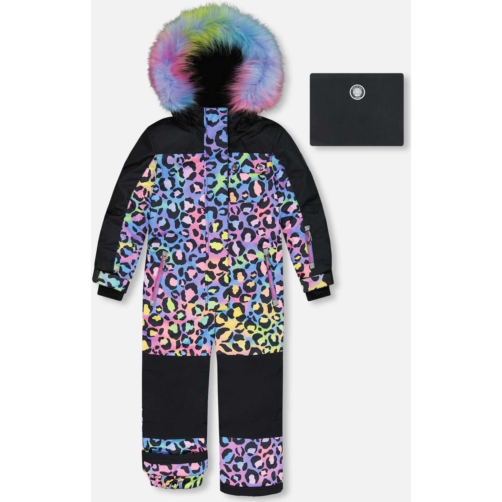 One Piece Snowsuit, Black Printed Rainbow Leopard - Deux par