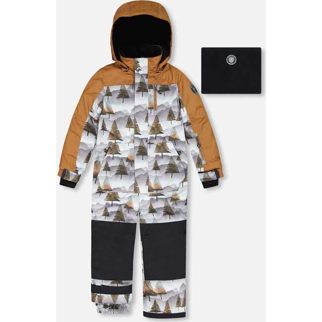 One Piece Snowsuit, Grey Landscape Printed Brown Trees