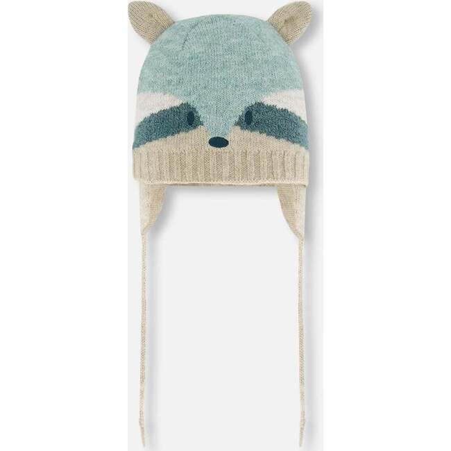 Knit Hat With Ears, Sage Green Raccons Face