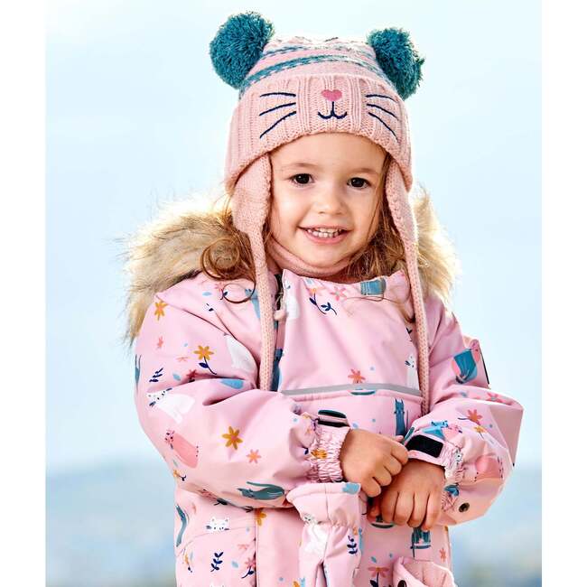 Knit Hat With Ears, Light Pink Cats Face - Hats - 2