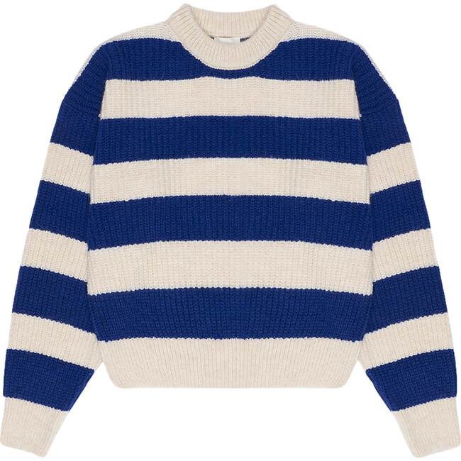 Women's Atlanta Bi-Colored Striped Round Neck Drop Shoulder Jumper, Blue Steel