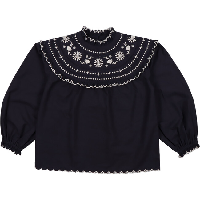 Pune Ruffle Neck Elastic Cuff Blouse, Midnight Navy