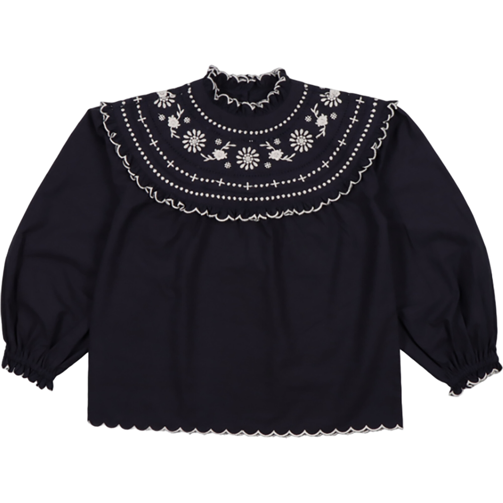 Pune Ruffle Neck Elastic Cuff Blouse, Midnight Navy - Blouses - 1